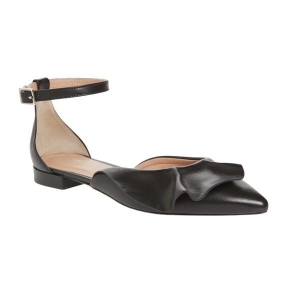 Lewitt Italy Alessia Ruffle Point Toe Ankle Strap Black Leather Flats 35 5 - Picture 14 of 16